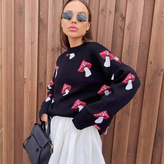 Damen weiter Strickpullover mit Pilzmotiv Rundhals Rippbündchen Shop Nory