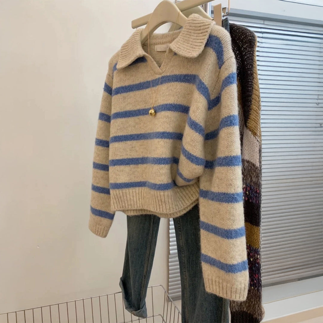 Damen nan kuscheliger Oversize-Strickpullover mit Polokragen und breiten Streifen Shop Nory