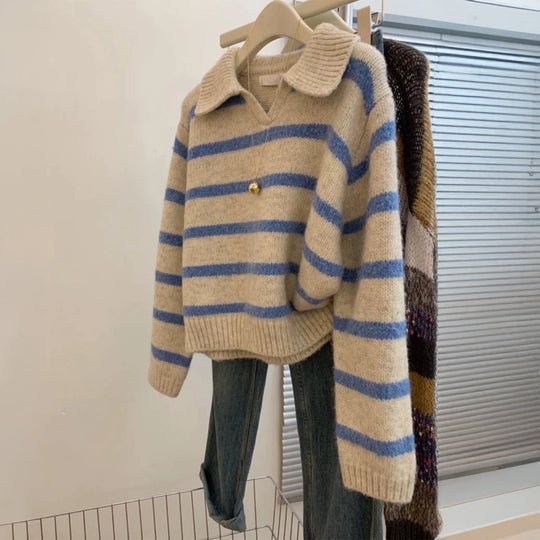 Damen nan kuscheliger Oversize-Strickpullover mit Polokragen und breiten Streifen Shop Nory