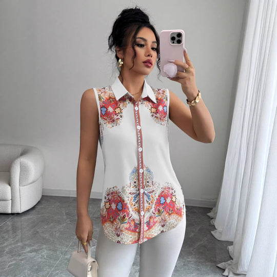 Damen Ärmellose Hemdbluse mit Kentkragen, A-Linien-Silhouette und durchgehender Knopfleiste Shop Nory
