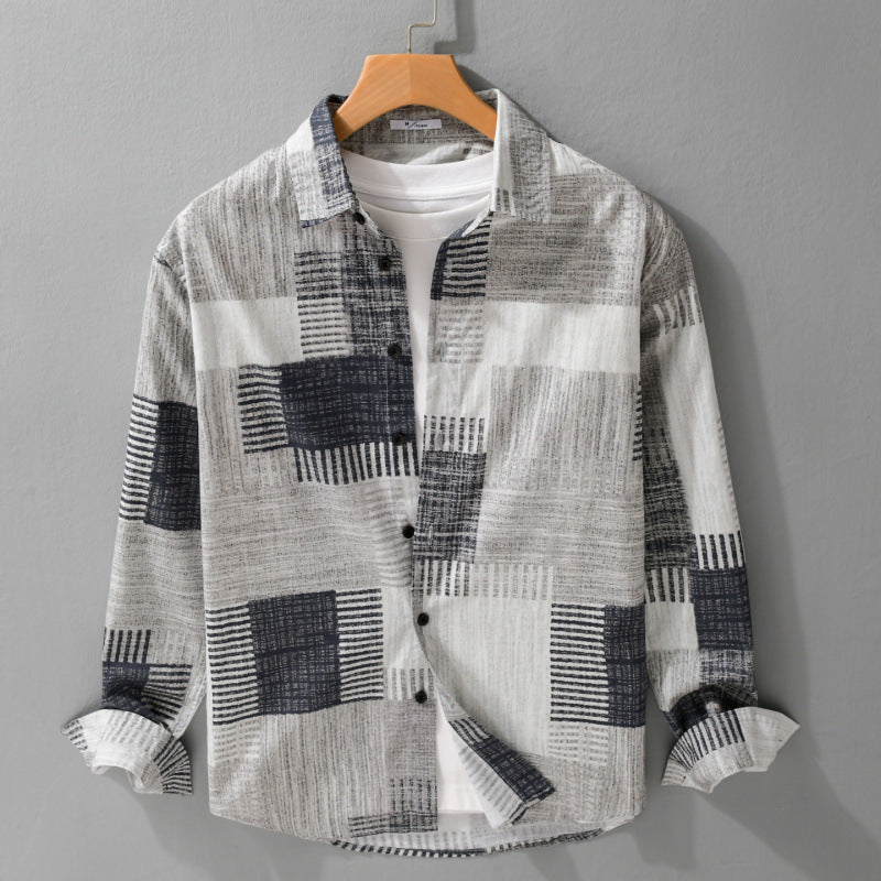 Herren Gemustertes Langarm-Hemd im Patchwork-Look aus leichtem Baumwollmix Relaxed Fit Shop Nory