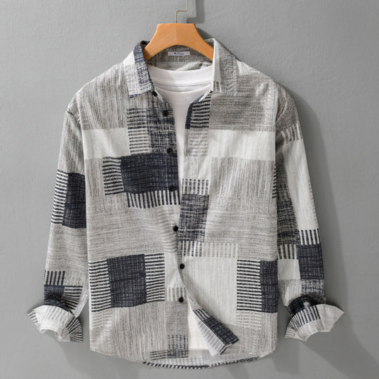 Herren Gemustertes Langarm-Hemd im Patchwork-Look aus leichtem Baumwollmix Relaxed Fit Shop Nory