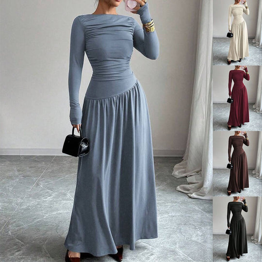 Damen Maxikleid mit gerafftem Oberteil, tailliertem Bund und Langarm Shop Nory