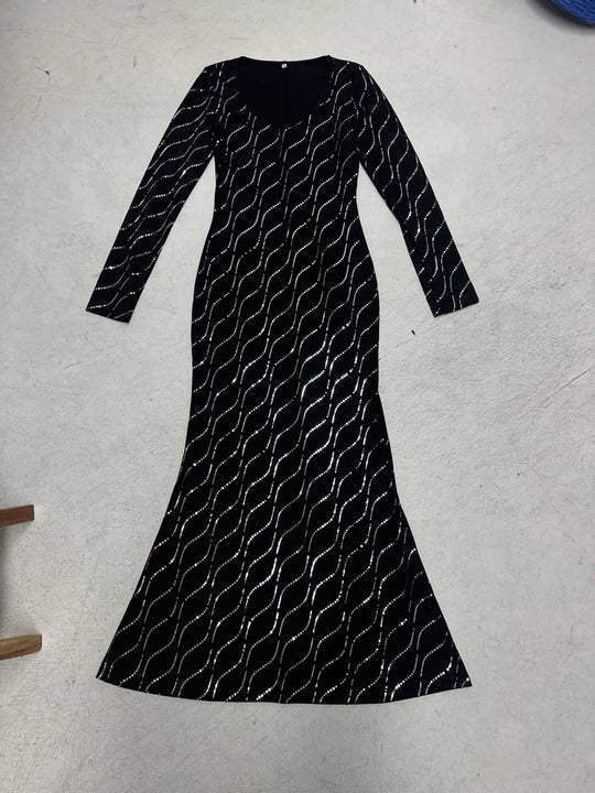 Damen nan langärmeliges Bodycon-Mermaid-Abendkleid mit Wellen-Strassbesatz Shop Nory