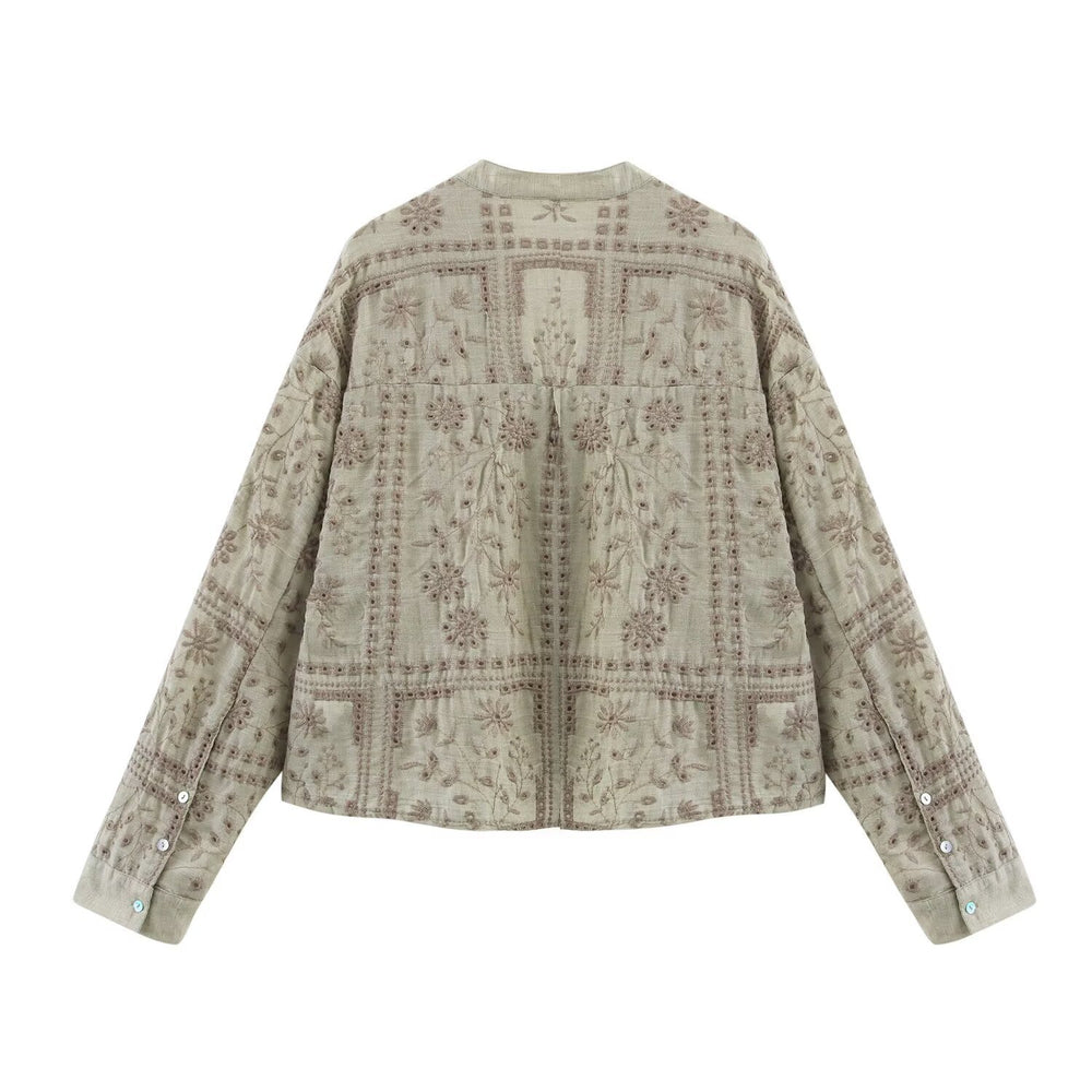 Damen Bestickte V‑Neck Boxy‑Bluse‑Jacke mit Patchwork‑Stickerei Shop Nory