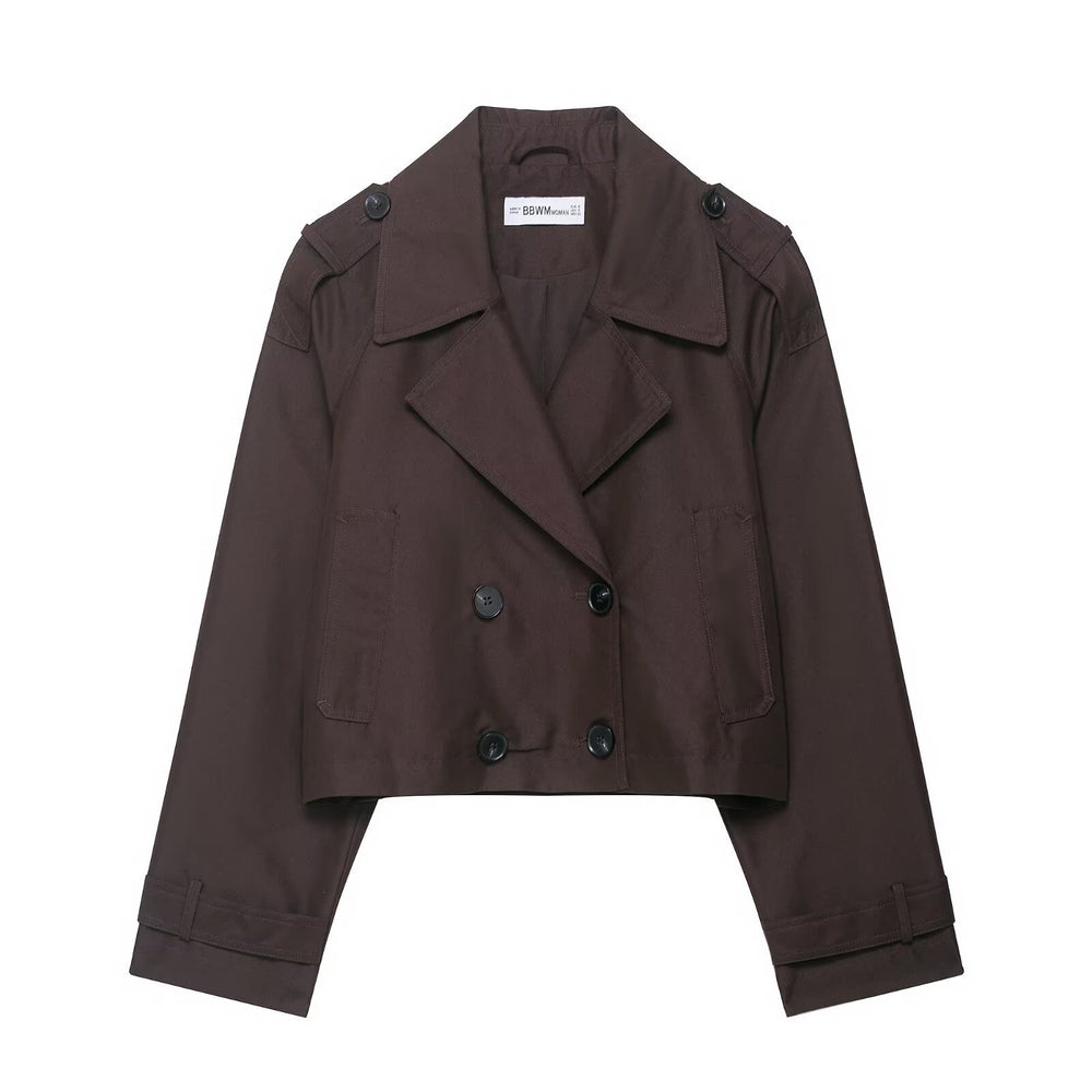 Damen Cropped Doppelreiher-Trenchjacke mit Epauletten, weiten Revers und verstellbaren Ärmelriegeln Shop Nory