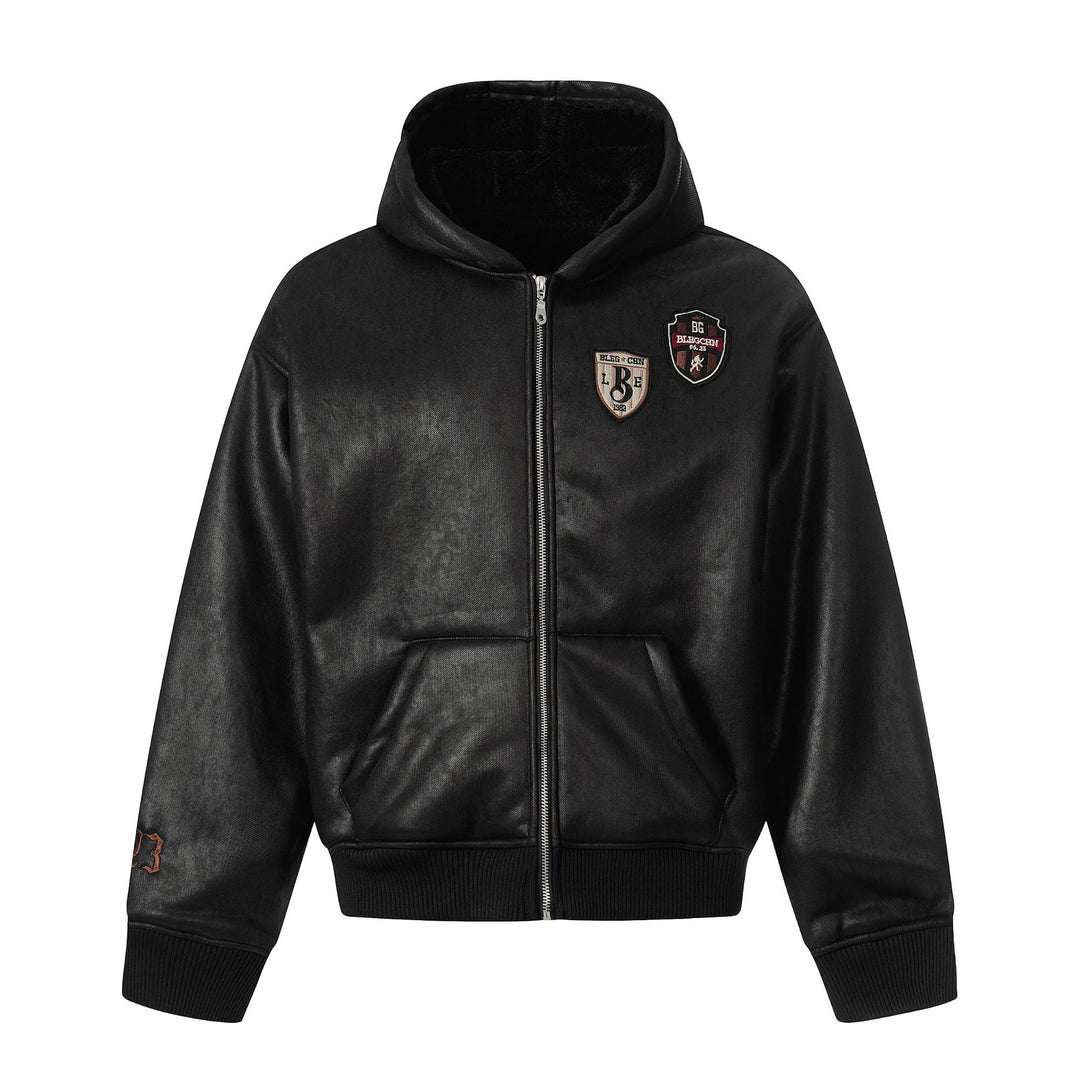Herren Kapuzen-Lederblouson mit Teddyfutter und Rippbündchen Shop Nory