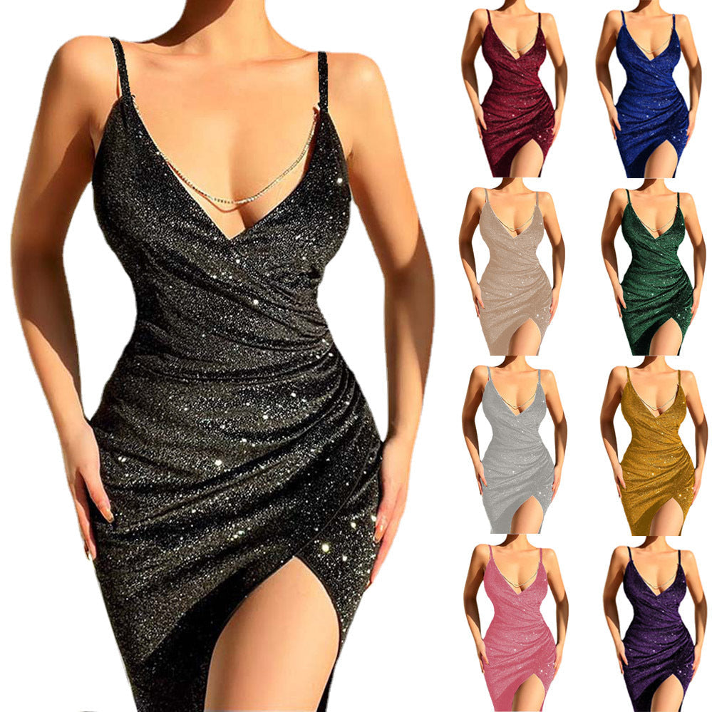 Damen Glamouröses Wickelkleid mit glitzender Oberfläche und hoch geschlitzt Shopnory