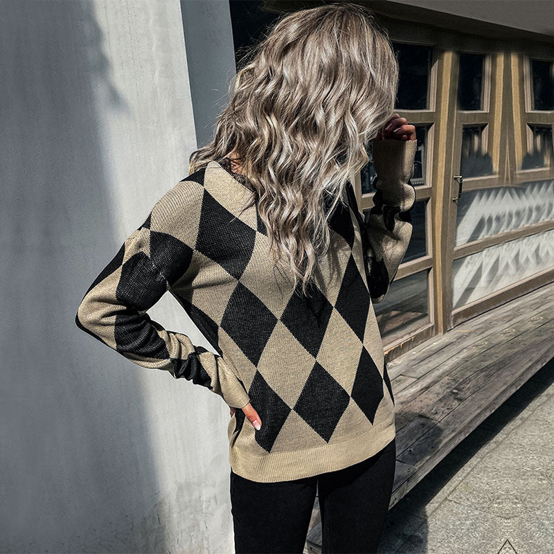 Damen Rauten-Strickpullover mit lockerem Schnitt und Rippbündchen Shop Nory