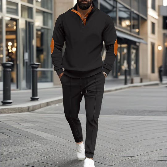 Herren nan feinstrukturiertes Halbkragen-Sweatshirt mit Knopfleiste, dekorativen Ellbogenpatches und legerem Saumabschluss Shop Nory