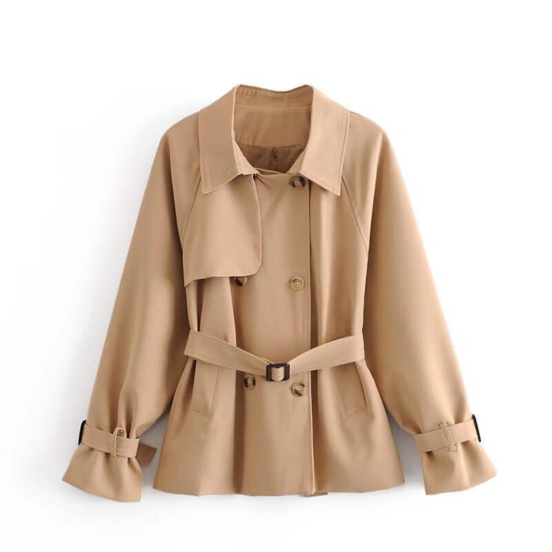 Damen Kurzer taillierter Trenchcoat mit Bindegürtel, asymmetrischer Sturmklappe und Manschettenriemen Shop Nory