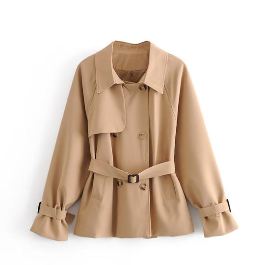 Damen Kurzer taillierter Trenchcoat mit Bindegürtel, asymmetrischer Sturmklappe und Manschettenriemen Shop Nory
