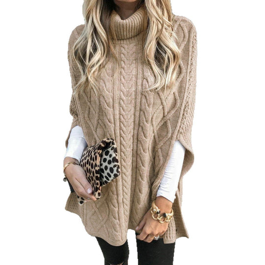 Damen Strickponcho mit hohem Kragen und aufwendigem Zopfmuster