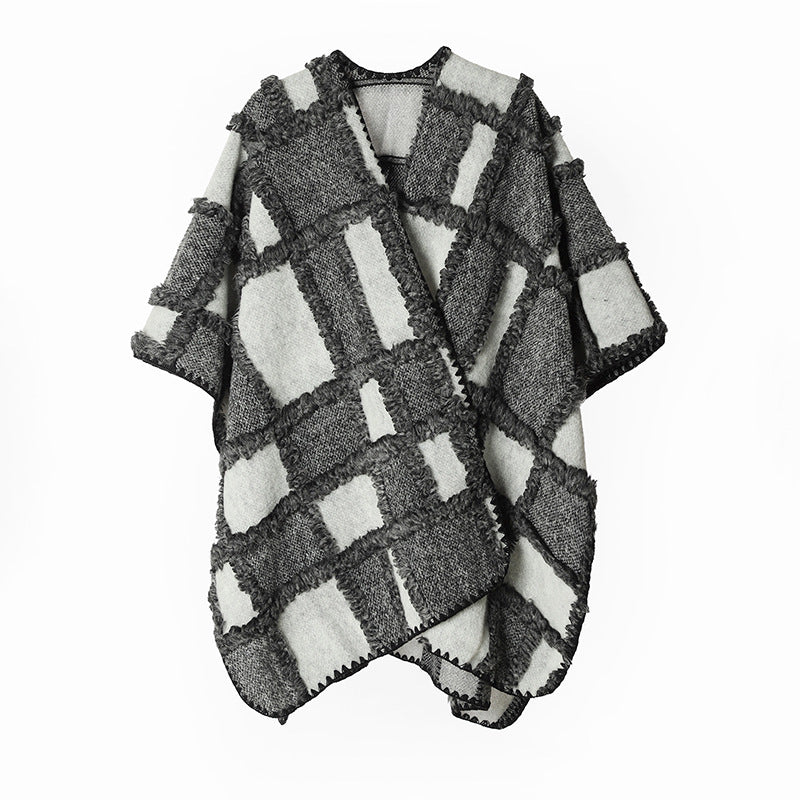 Damen Oversize-Cape aus Wollmix mit strukturierter Karo‑Jacquard‑Optik und offener Front Shop Nory