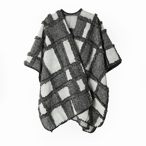 Damen Oversize-Cape aus Wollmix mit strukturierter Karo‑Jacquard‑Optik und offener Front Shop Nory
