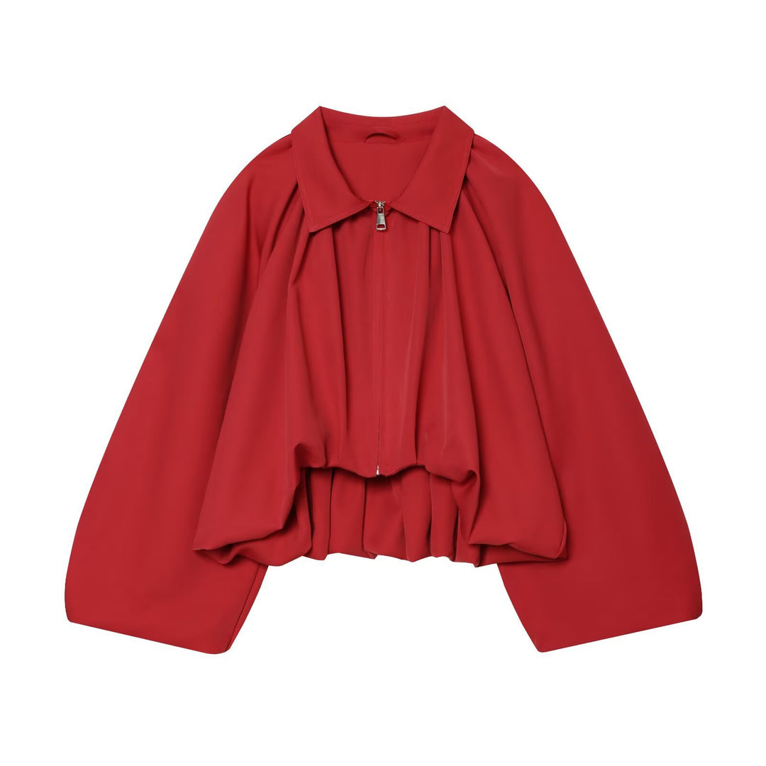 Damen Kurz geschnittene Blousonjacke mit weitem Ballonärmel, Reißverschluss und elastischem Saum Shop Nory