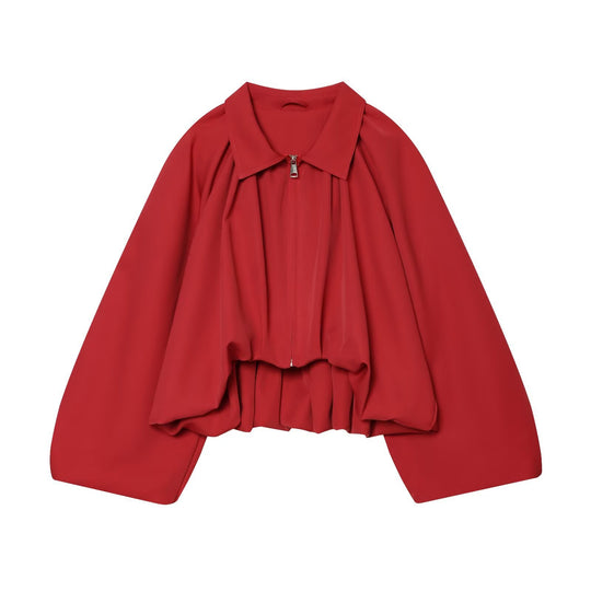 Damen Kurz geschnittene Blousonjacke mit weitem Ballonärmel, Reißverschluss und elastischem Saum Shop Nory
