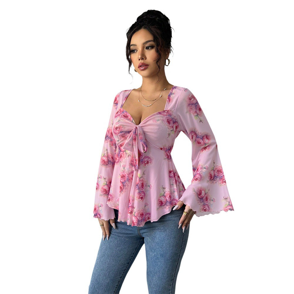 Damen florales Chiffon-Top mit Bindeschleife, Herzausschnitt, ausgestellten Glockenärmeln und tailliertem Schößchen Shop Nory