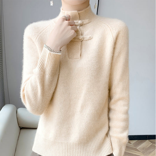Damen Kaschmir‑Optik Mockneckpullover mit dekorativer KnShop Noryelknopfblende Shop Nory