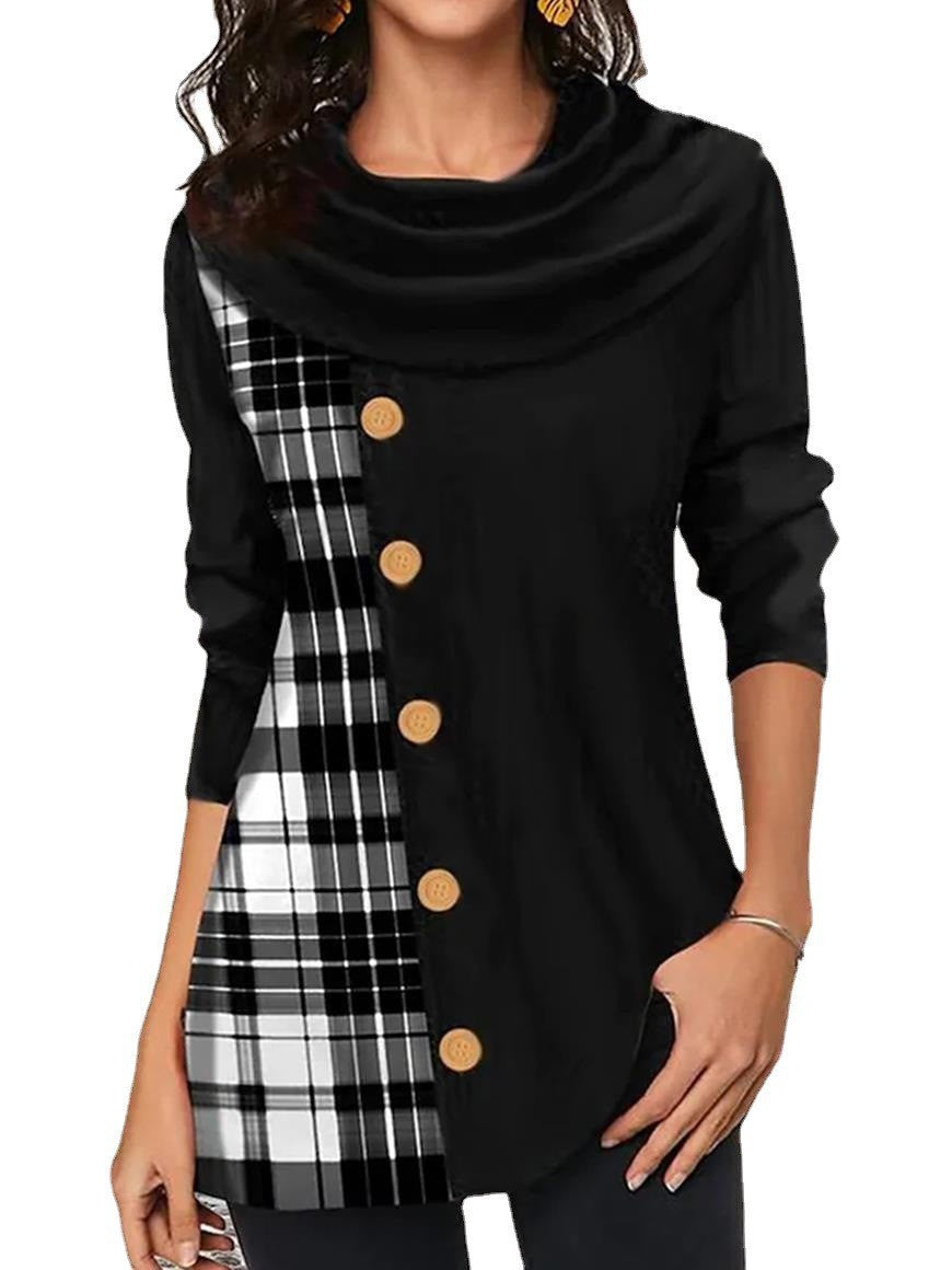 Damen Asymmetrische Tunika mit Schalkragen, Holzknopf-Leiste und Karopaneel Shop Nory
