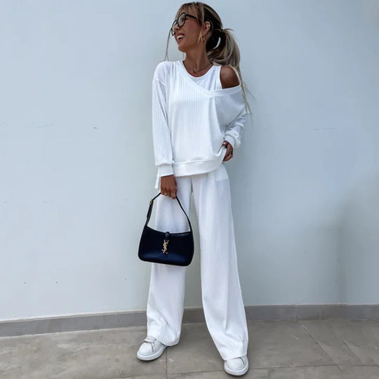 Damen lässiges Rippsweat-Lounge-Set mit Off-Shoulder-Sweatshirt und weit geschnittener High-Waist-Hose Shop Nory