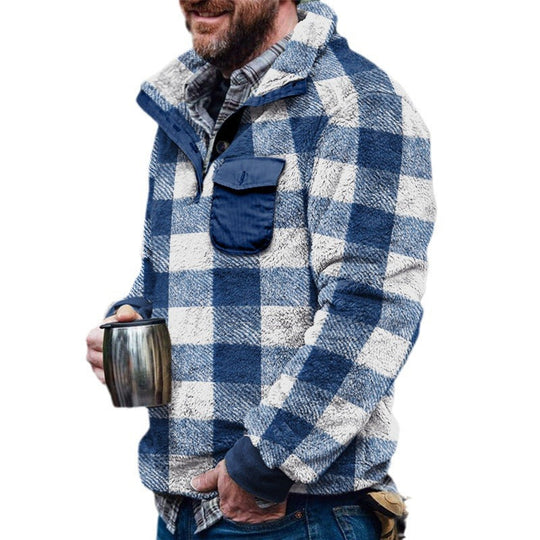 Herren Fleece-Pullover mit Karomuster und Hohem Kragen
