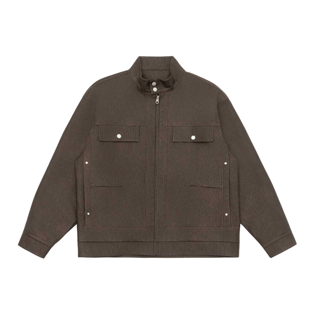Unisex Boxy-Kunstleder-Blousonjacke mit Stehkragen und aufgesetzten Pattentaschen Shop Nory