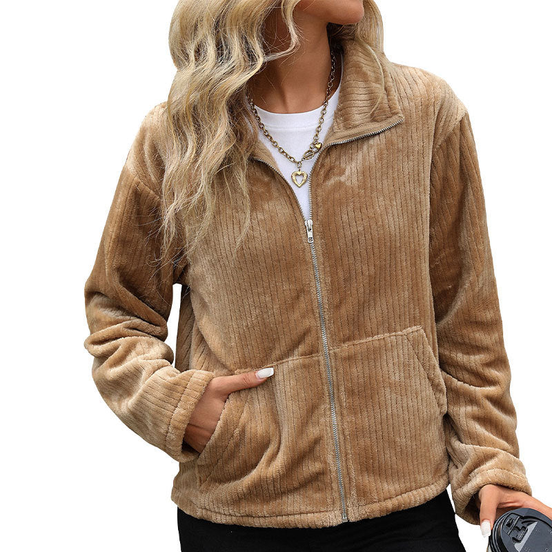 Damen Plüsch-Cordjacke mit Stehkragen, Reißverschluss & Kängurutaschen Shop Nory