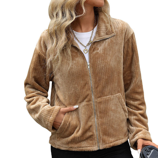 Damen Plüsch-Cordjacke mit Stehkragen, Reißverschluss & Kängurutaschen Shop Nory