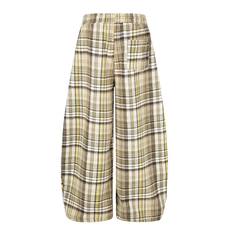Damen Weite Karierte Palazzo-Loungehose mit hohem Komfortbund und Saumkordel Shop Nory