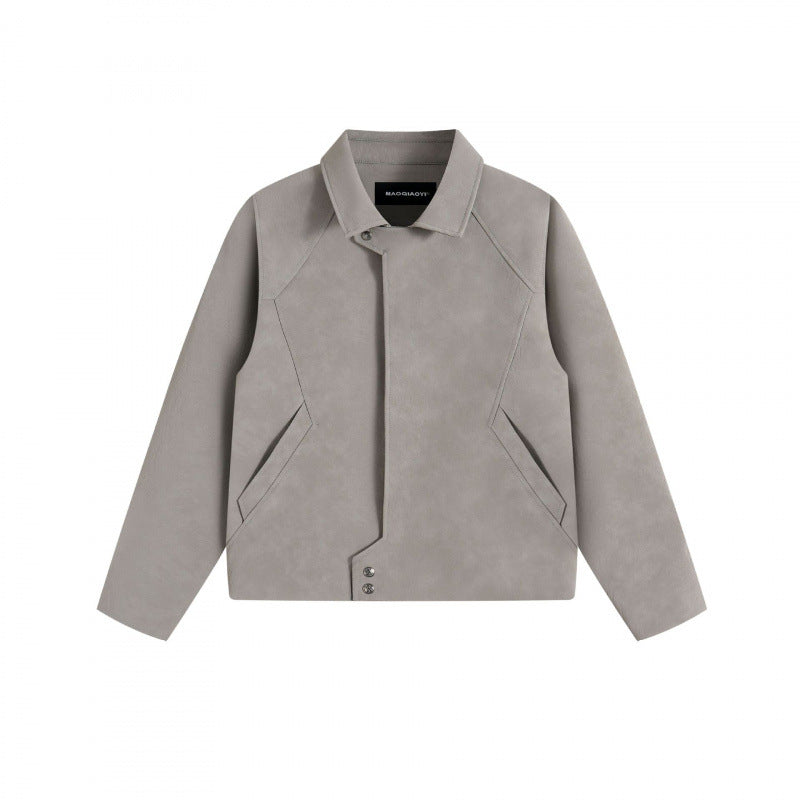 Unisex Kurzjacke im minimalistischen Veloursleder-Look mit verdeckter Frontblende und Hemdkragen Shop Nory