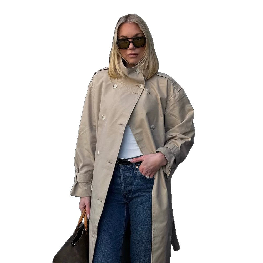 Damen Maxi-Trenchcoat mit hohem Stehkragen, doppelreihiger Knopfleiste & Taillengürtel Shop Nory