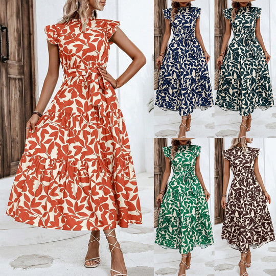 Damen Midikleid mit Stufenrock, geraffter Taillenbindung und Rüschenärmeln Shop Nory