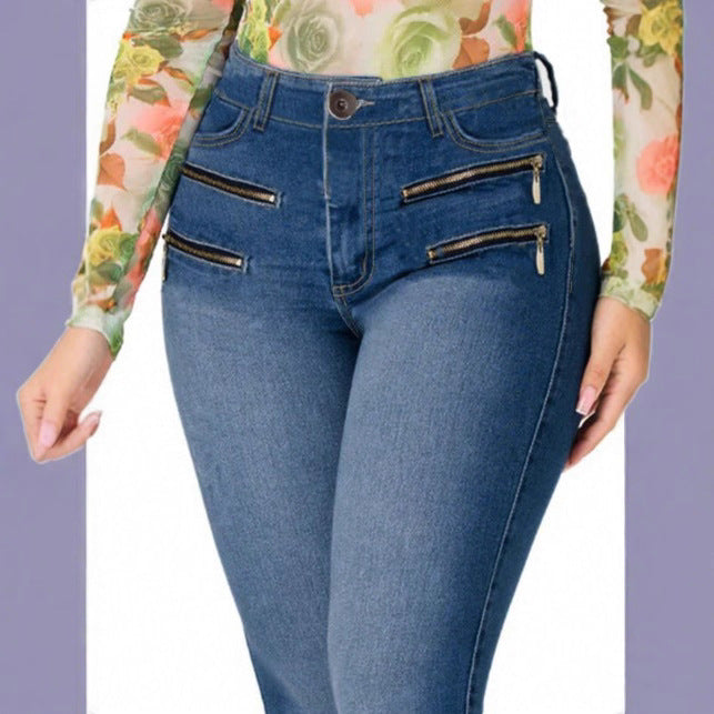 Damen Hochtaillierte Slim‑Fit Jeanshose mit dekorativen Frontreißverschlüssen Shop Nory