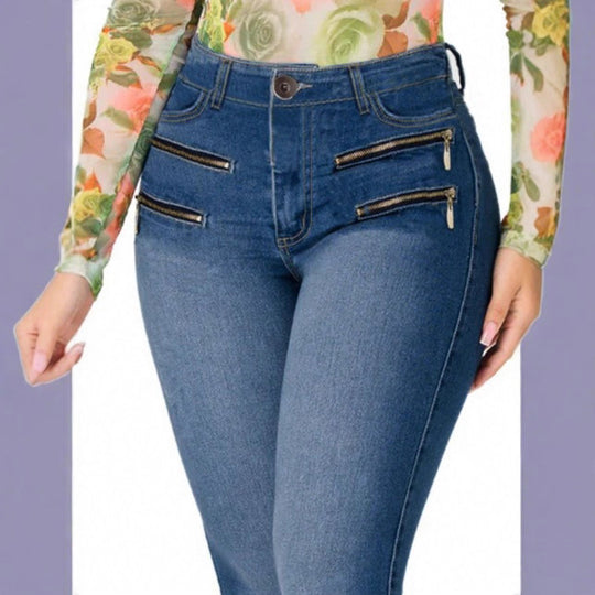 Damen Hochtaillierte Slim‑Fit Jeanshose mit dekorativen Frontreißverschlüssen Shop Nory