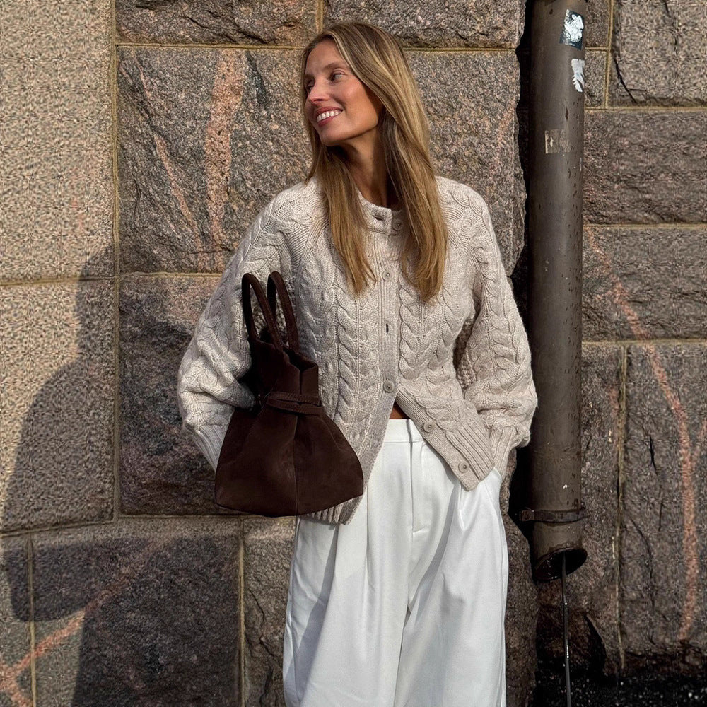 Damen Grobgestrickte Zopfmuster-Strickjacke mit Ballonärmeln Shop Nory