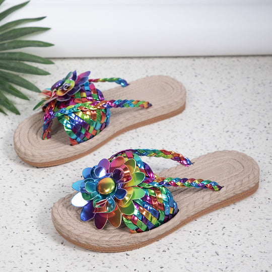 Damen Geflochtene Zehentrenner‑Sandalen mit XXL‑Blütenapplikation und gepolstertem Komfortfußbett Shop Nory
