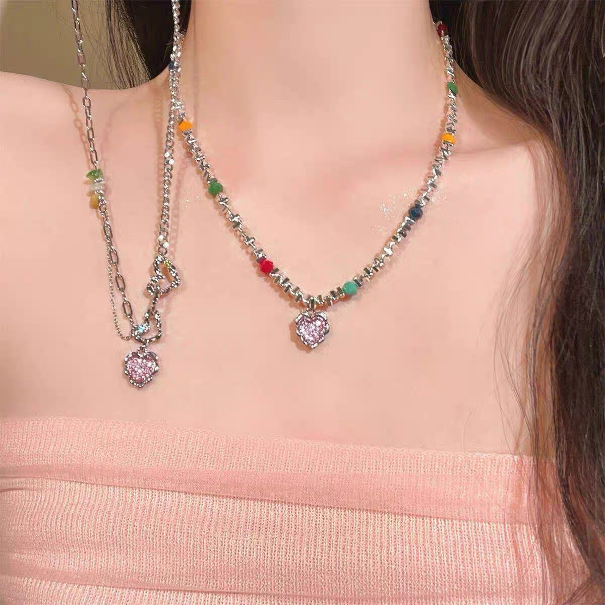 Damen Kette mit Herz-Anhänger und bunten Akzenten Shop Nory