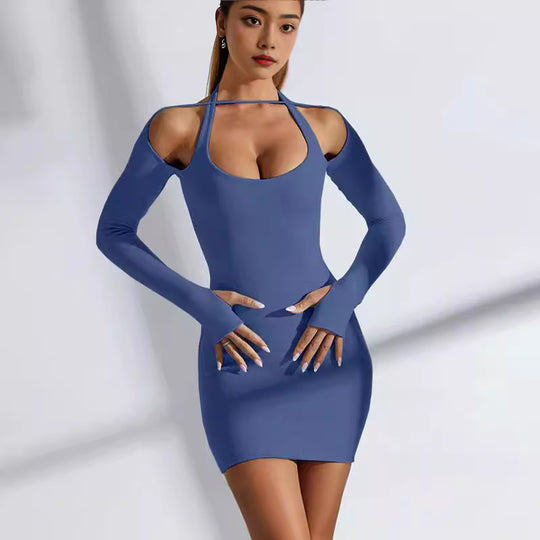 Damen Figurbetontes Minikleid mit Schulter-Cutouts, langen Ärmeln und Daumenöffnungen Shop Nory