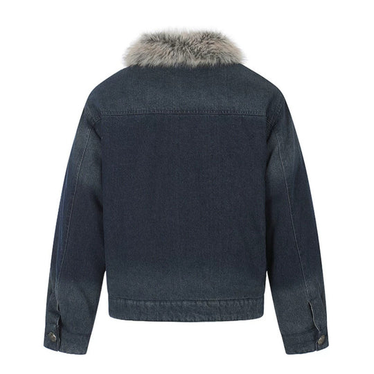 Damen Jeansjacke mit Kunstfellkragen und militärischen Zierknöpfen Shop Nory