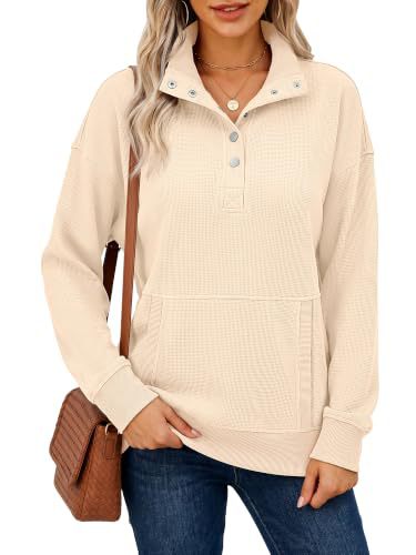 Damen Waffelstrick-Pullover mit Stehkragen, Druckknopfleiste und Kängurutasche Shop Nory