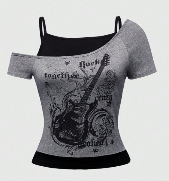 Damen Asymmetrisches Rock-T-Shirt mit grafischem Druck