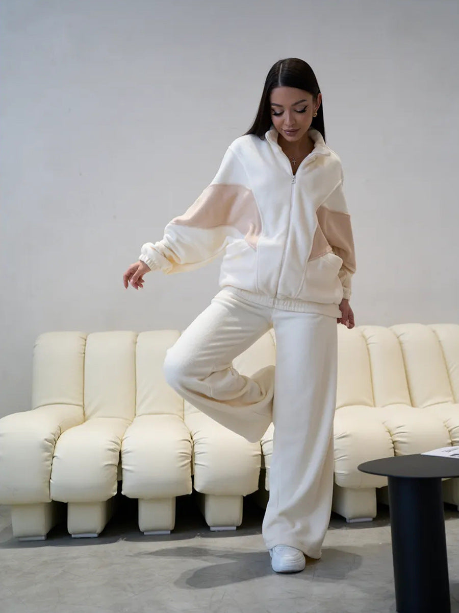 Damen Oversized Fleece-Lounge-Set mit Stehkragen, Reißverschlussjacke und weiter Palazzohose Shop Nory