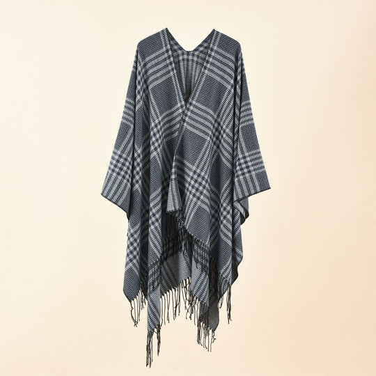 Damen Ruana-Poncho mit V‑Ausschnitt, kastigem Kimono-Fall und Fransensaum Shop Nory
