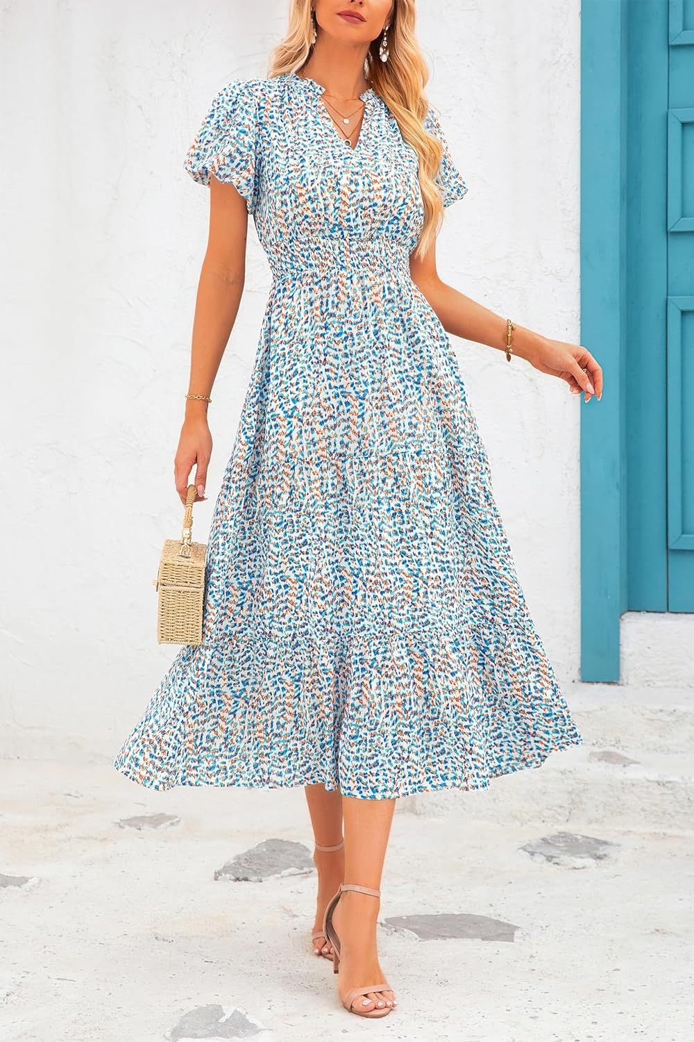 Damen Maxi-Kleid mit floralen Mustern und rüschendem Saum Shopnory
