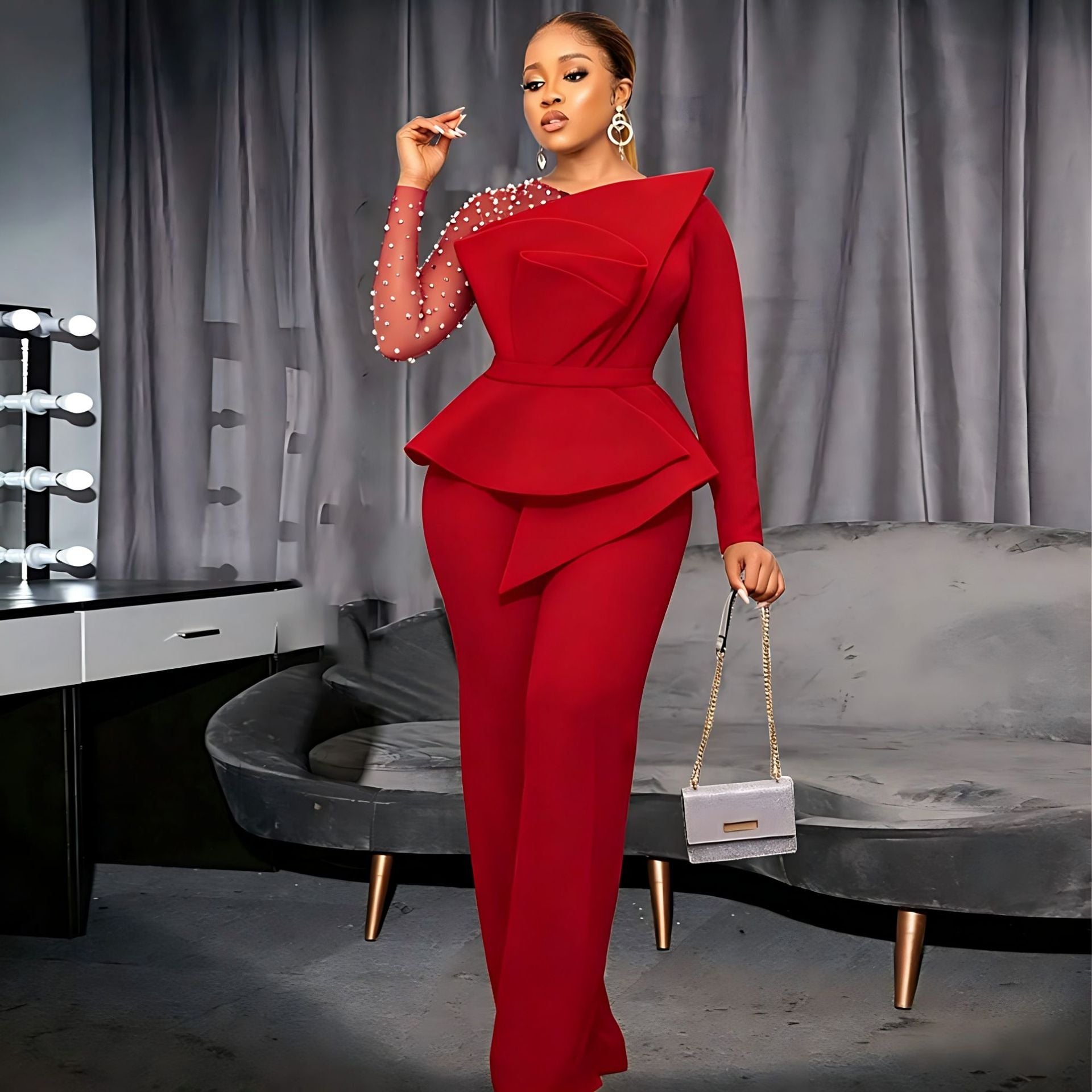 Damen eleganter Jumpsuit mit asymmetrischem Oberteil und raffiniertem Rüschendesign