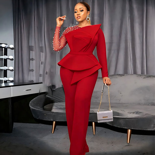 Damen eleganter Jumpsuit mit asymmetrischem Oberteil und raffiniertem Rüschendesign