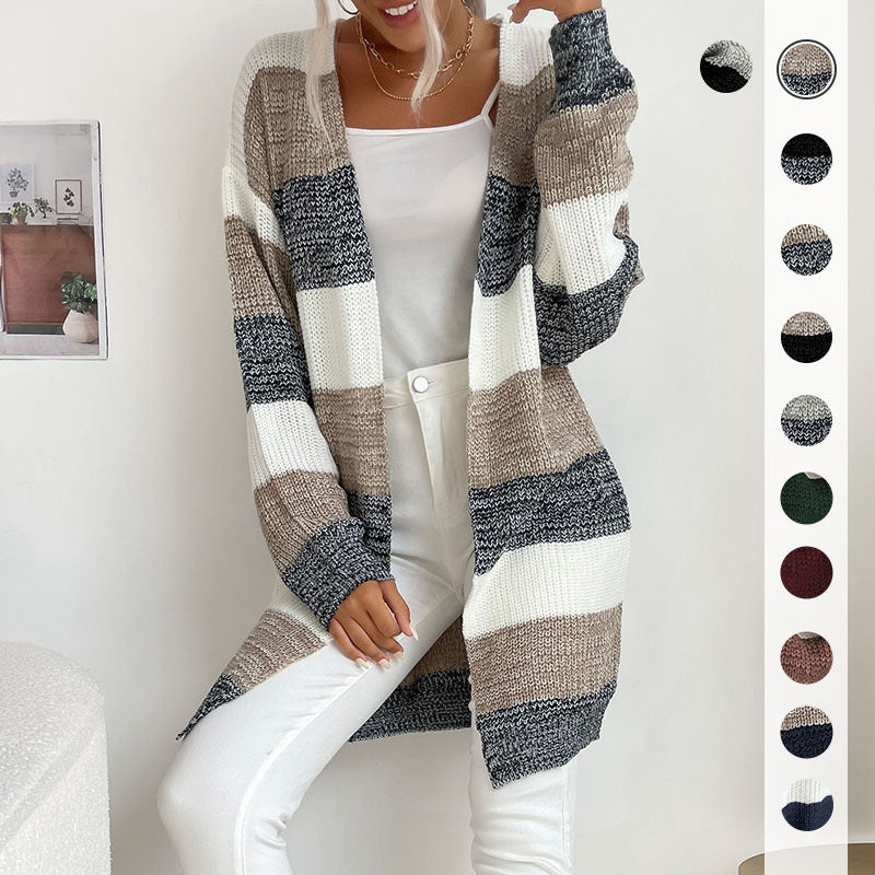 Damen Longline Strickcardigan mit breiten Blockstreifen, offener Front und überschnittener Schulter Shop Nory