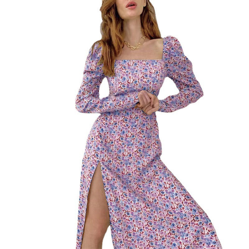 Damen Midikleid mit quadratischem Ausschnitt, tailliertem Bustier-Oberteil, Puffschulter und hohem Beinschlitz Shop Nory