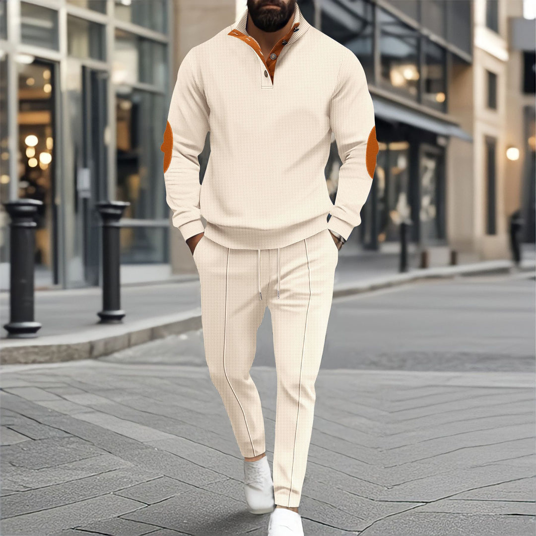 Herren nan feinstrukturiertes Halbkragen-Sweatshirt mit Knopfleiste, dekorativen Ellbogenpatches und legerem Saumabschluss Shop Nory